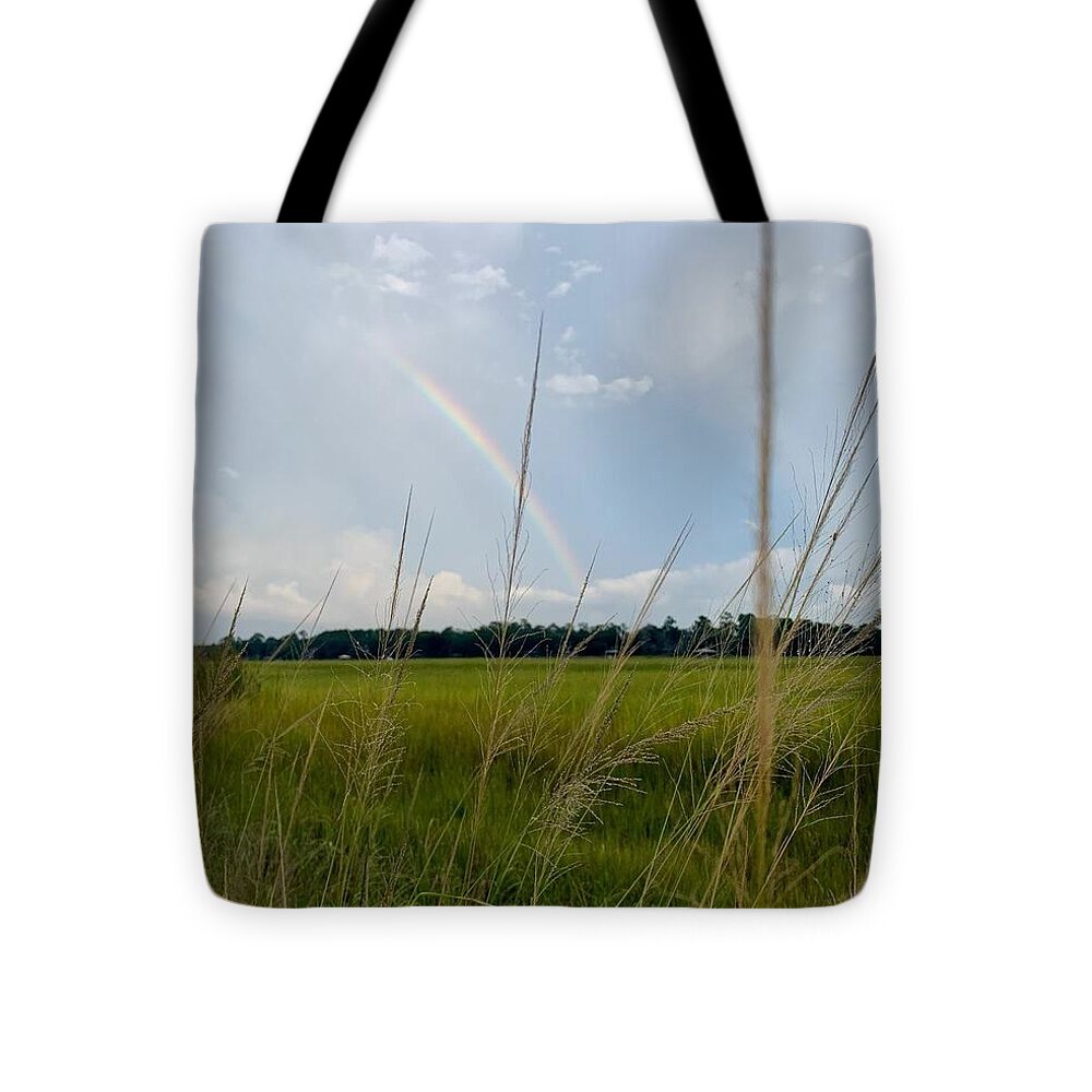 Rainbow Over Peaceful Meadow - Tote Bag