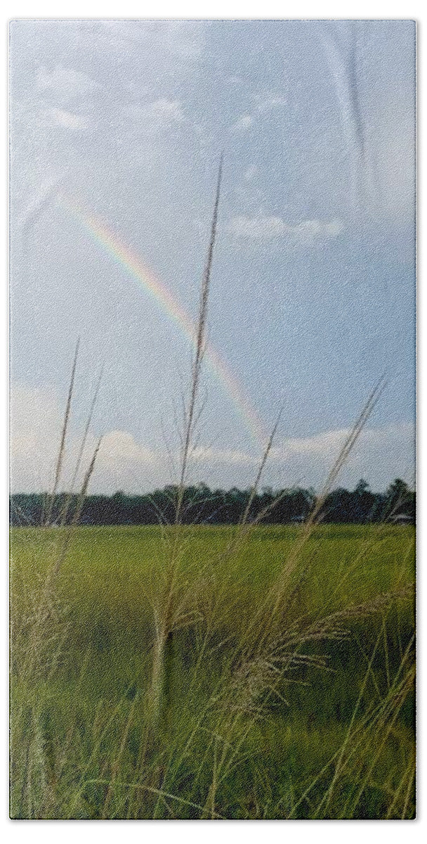 Rainbow Over Peaceful Meadow - Beach Towel
