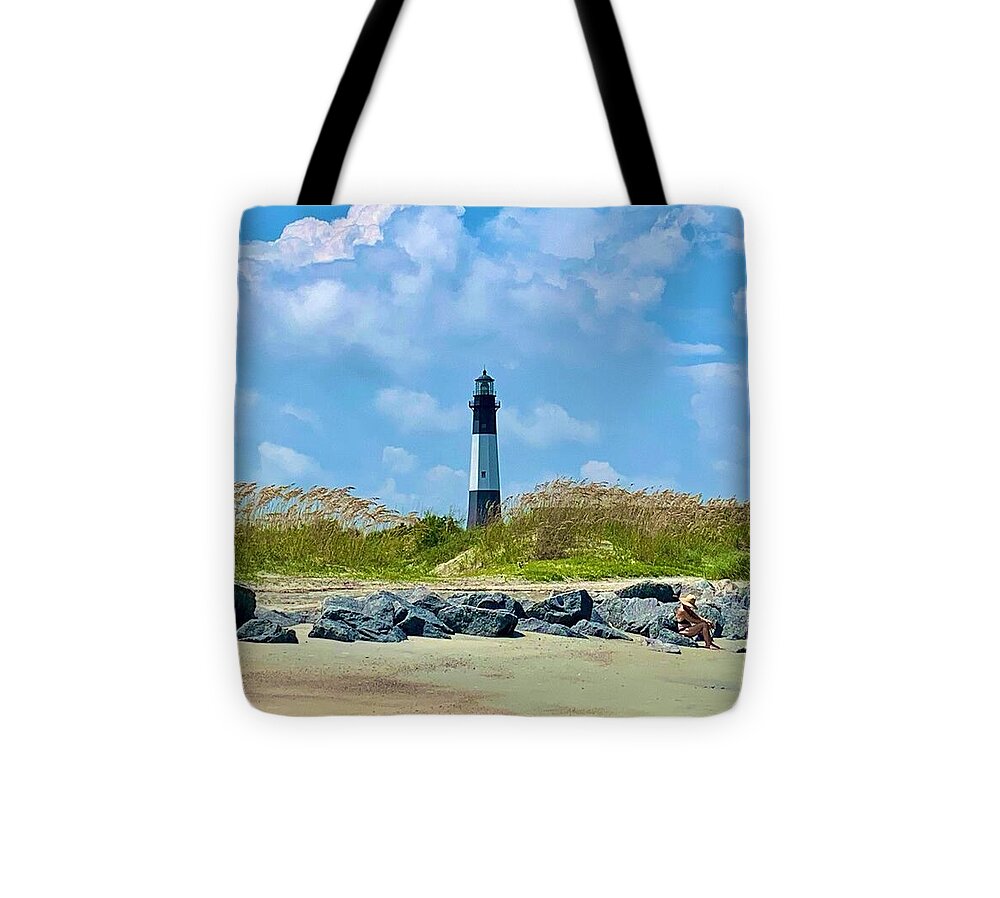 Serene Lighthouse by the Shoreline - Tote Bag
