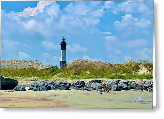 Serene Lighthouse by the Shoreline - Greeting Card