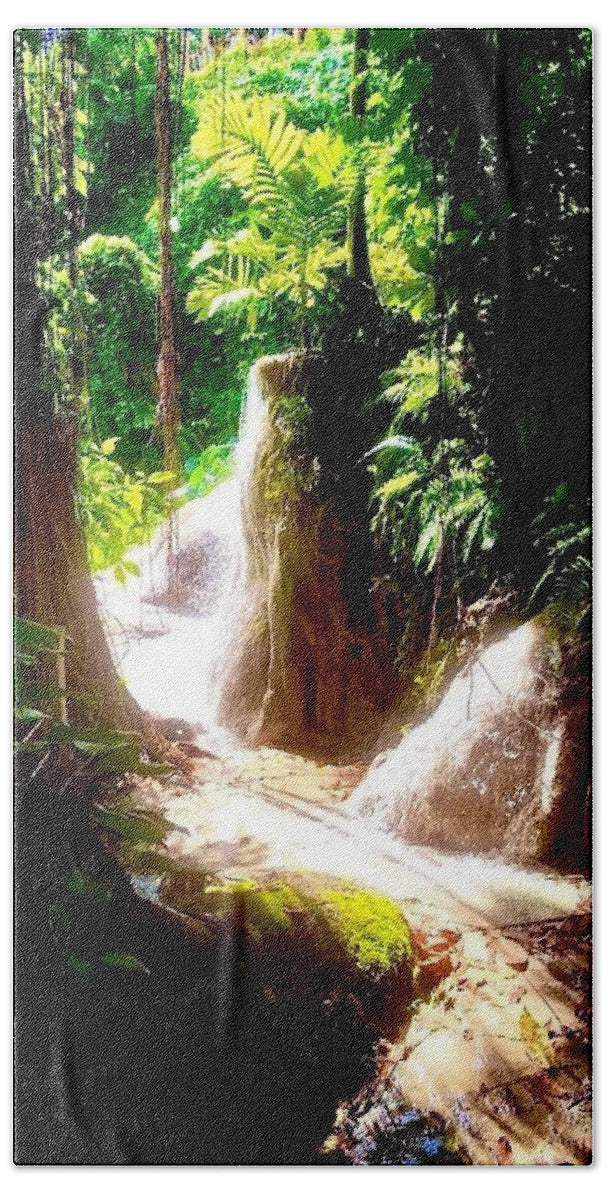 Sunlit Jungle Waterfall - Beach Towel
