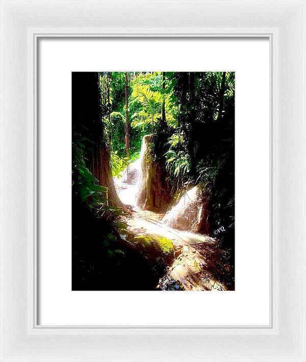 Sunlit Jungle Waterfall - Framed Print