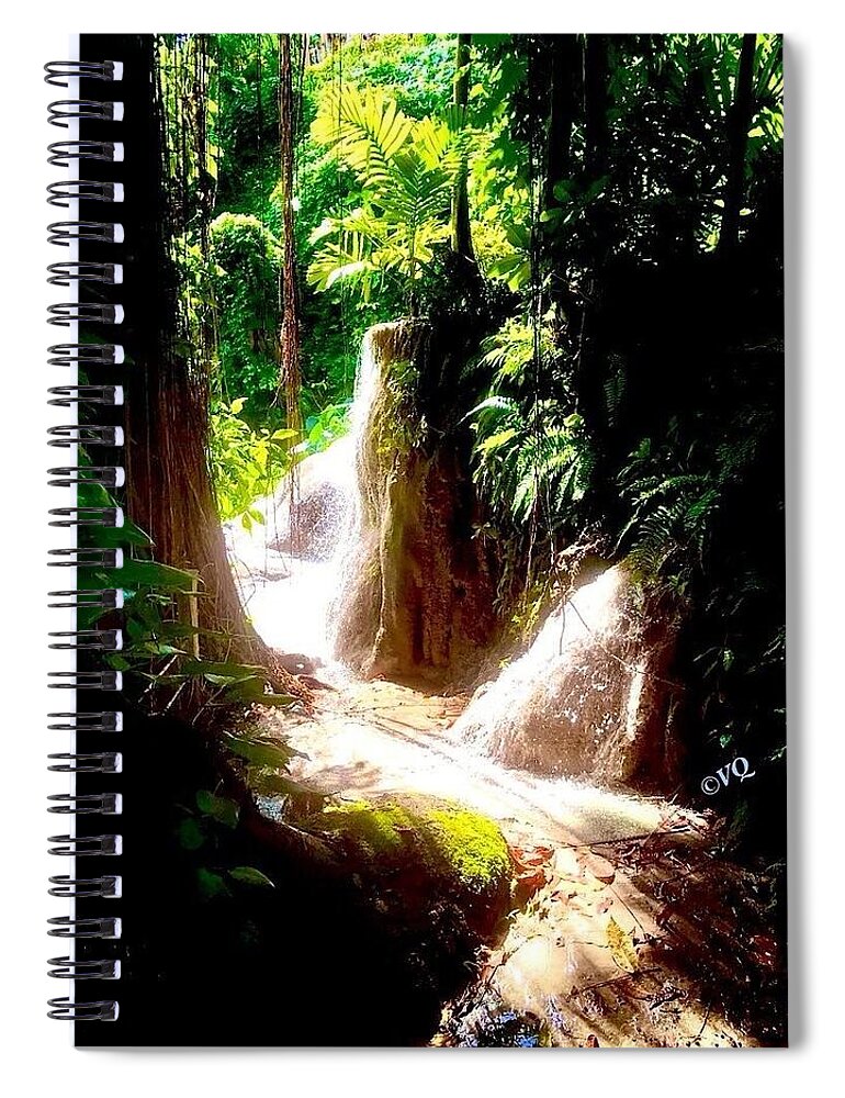 Sunlit Jungle Waterfall - Spiral Notebook