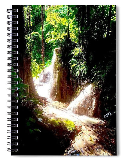 Sunlit Jungle Waterfall - Spiral Notebook