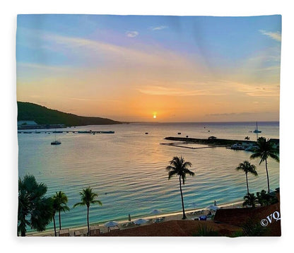 Tropical Sunset Over Serene Bay - Blanket