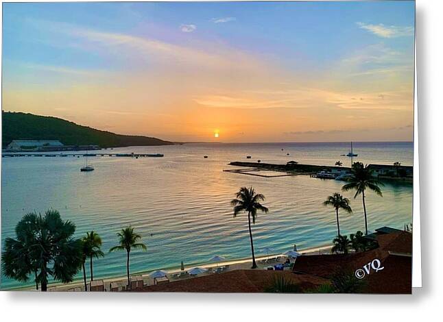 Tropical Sunset Over Serene Bay - Greeting Card
